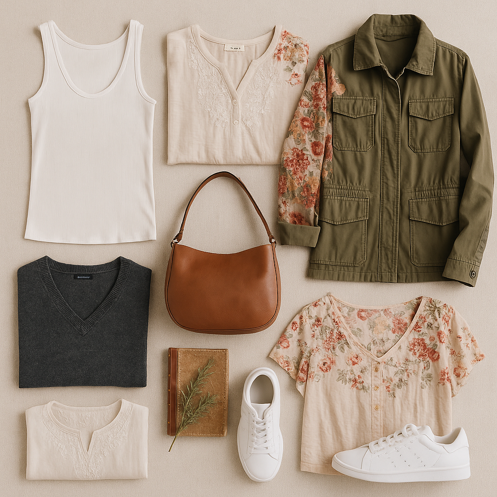 build a capsule wardrobe, heather deveaux creative, a variety of clothing items to buy to build a capsule wardrobe