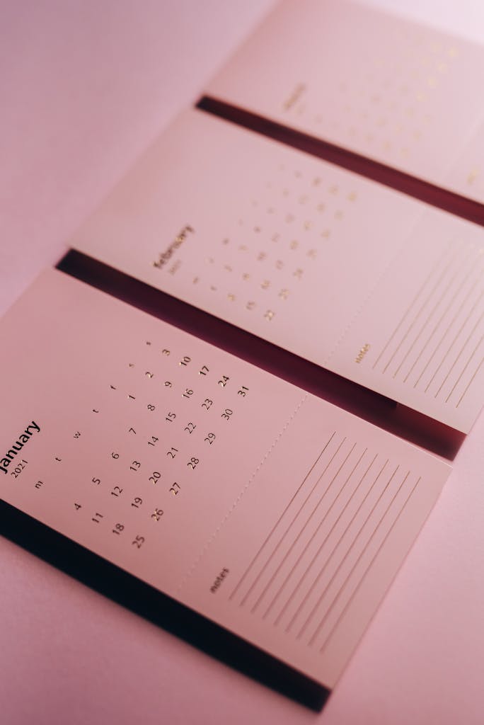 Stylish pink minimalist calendar featuring January, February, and March pages on a blurred background.